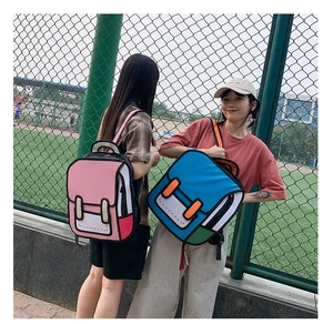 Outdoor shot of 2D comic style backpacks in pink and blue with cartoon outlines
