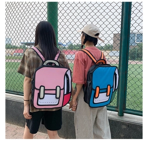 Outdoor shot of 2D cartoon style backpacks in pink and blue on models by fence
