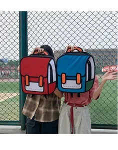 Detail of red and blue 2D cartoon style backpacks with bold black outlines and canvas texture