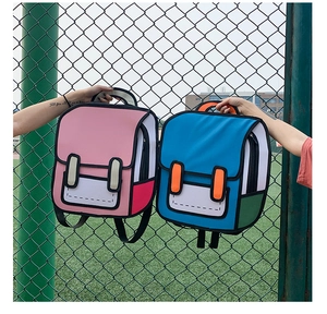 Pink and blue 2D cartoon style canvas backpacks with 3D visual effect outdoors