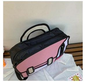 Detail of a pink 2D cartoon messenger bag with black outlines and zipper closure
