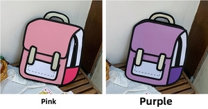 Detail of 2D cartoon style backpacks in pink and purple colors with bold black outlines