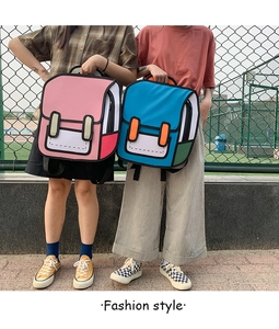 Outdoor shot of 2D cartoon style backpacks in pink and blue with bold comic outlines