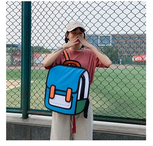 Detailed view of 2D comic style backpack with bold black outlines and vibrant color stitching