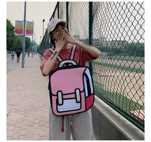 Outdoor shot of a pink 2D cartoon style creative backpack worn by a model in lifestyle setting