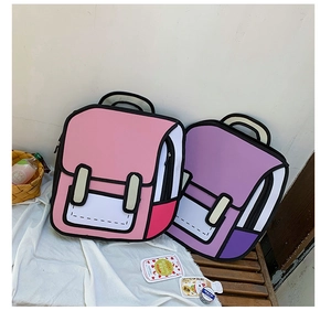 Detailed view of pink and purple 2D cartoon style backpacks with bold black outlines