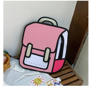 Detail of pink 2D cartoon style backpack with black outlines on a wooden bench