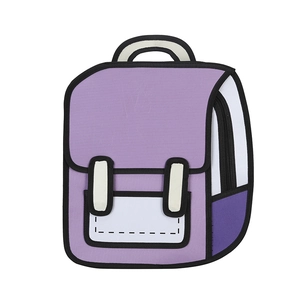 Close-up of 2D comic style backpack featuring bold black outlines and vibrant purple fabric