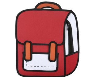 Detail of red and white 2D comic style backpack showing 3D visual effect and canvas texture
