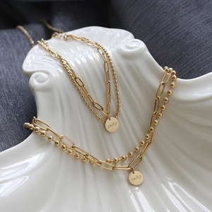 Double Layer Jewelry Necklace Bracelet 18K Gold Plated 316L Stainless Steel Paperclip Ball Chain Lucky Coin Pendant Women