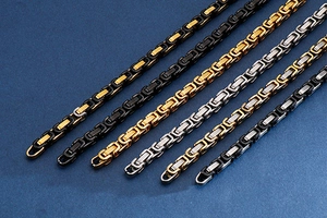 Detail view of Byzantine chain bracelets in gold, silver, and black polished stainless steel