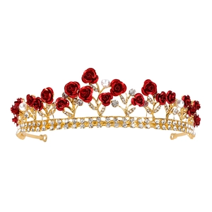 Elegant red rose bridal crown with golden base, white pearls, and sparkling rhinestones