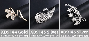 Detailed comparison of luxury pearl brooches with rhinestone swan and flower designs