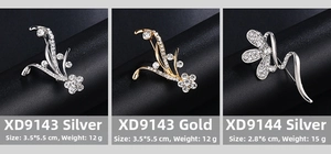 Detailed comparison of crystal pearl flower brooches with dimensions and weight specs