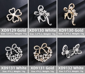 Detailed grid of crystal sunflower and bow brooches with dimensions and weights