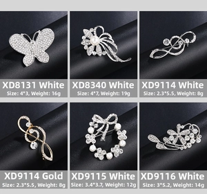 Selection of pearl and rhinestone brooches showing detailed designs and dimensions