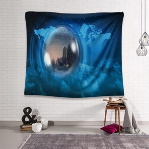 Detailed close-up of decorative star map tapestry with snow globe design on a white wall