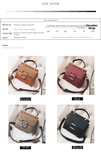Size chart showing handbag dimensions, weight, and strap length for the PU crossbody bag
