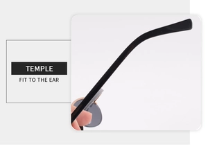Detail of ergonomic curved black temples for rimless oval sunglasses showing comfort fit