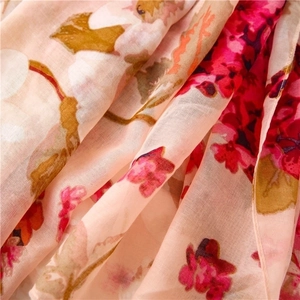 Pink floral cotton linen scarf with vintage flower print for sun protection wrap