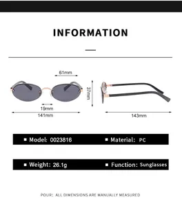 Detailed size chart for rimless oval sunglasses including lens width and frame dimensions