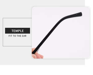 Dettaglio delle stanghette ergonomiche nere lucide per una vestibilità comoda sull'orecchio