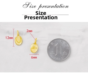 Detailed size comparison of small golden LOVE charms with 12x6mm oval pendant dimensions