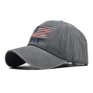 Detail of the vintage washed dark grey baseball cap with American flag USA embroidery