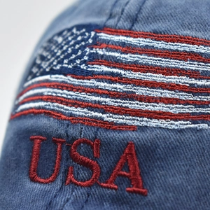 Vintage washed navy cotton baseball cap with USA 3D embroidery and American flag detail
