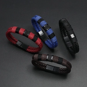 Braided leather bracelets with black magnetic clasp in red blue black and brown