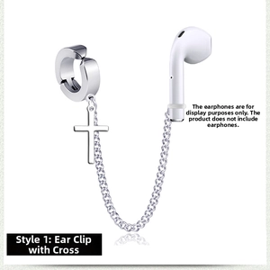 Detail of silver stainless steel cross earring holder with anti-loss silicone loop for earphone