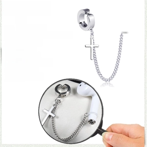 Detail of silver stainless steel anti-lost earphone chain with cross pendant and silicone ring