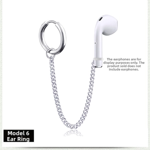 Close-up of silver anti-loss earring chain for wireless earphones with silicone loop
