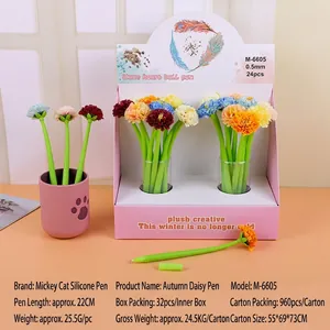 Colorful silicone rose flower pens 0.5mm with green stem in display box and holder