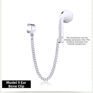 Macro detail of silver anti-loss ear cuff chain with silicone loop for wireless earbuds