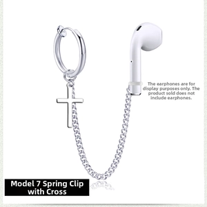 Detail of silver anti-loss clip-on earring with cross pendant for wireless earphones