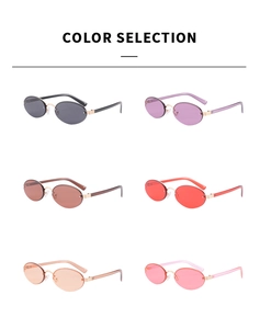 Selection of rimless oval sunglasses in six colors including pink, orange, and purple