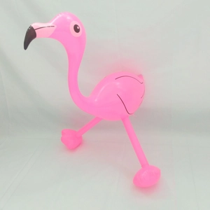 Detailed side view of pink inflatable flamingo toy made of durable PVC for beach parties