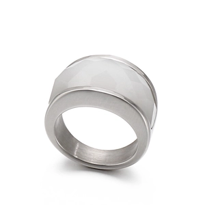 Fashionable stainless steel wide band ring for couples featuring a large faceted white stone