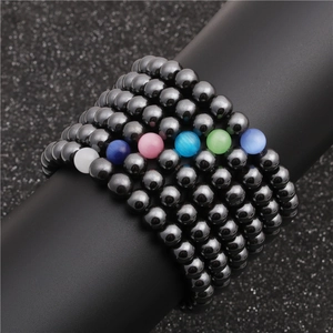 Hematite Cat Eye Stone Beaded Bracelets Elastic Stretch Polished Round Beads Couple Minimalist Fashion Jewelry Gift