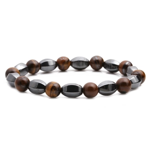 Tiger eye and hematite beaded bracelet with alternating round and olive stone beads