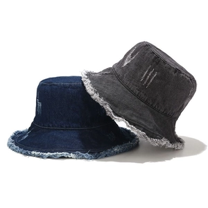 Washed Denim Bucket Hat Frayed Edge Ripped Distressed Vintage Streetwear Sun Protection Outdoor For Women Men