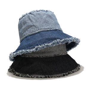 Chapeau Bob En Denim Patchwork Bord Frangé Rétro Streetwear Protection Solaire Couvre-chef Décontracté Pour Femmes