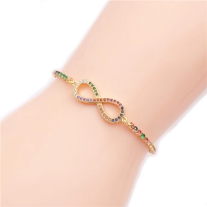 Adjustable gold infinity bracelet with multi-color micro-pave zircons for women