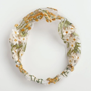 Summer wide lace headband with yellow flower embroidery on white mesh fabric