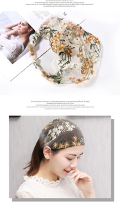 Detail of sheer mesh headband featuring elegant gold and green floral embroidery