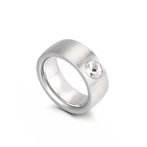Minimalist brushed stainless steel wide ring featuring a single round zircon inlay
