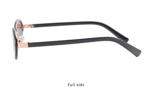 Side view of rimless oval sunglasses with black frames and gold metal temples