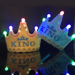 LED light-up king crown party hats for kids with sequins and blue or yellow felt fabric