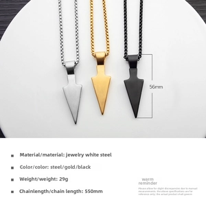 Detailed size specifications for spearhead pendant necklaces in silver, gold, and black colors